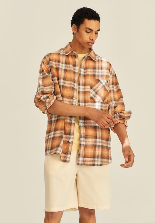 H&M - Relaxed fit twill shirt - orange/checked