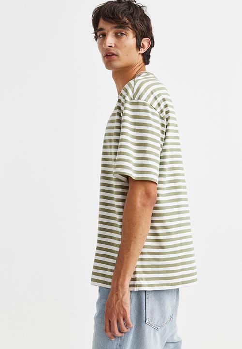 H&M - Relaxed fit cotton T-shirt - green & white striped