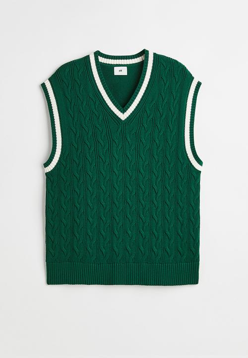 H&M - Relaxed fit cable-knit sweater vest - dark green & white