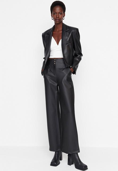 Trendyol - Faux leather front buttoned trousers - black