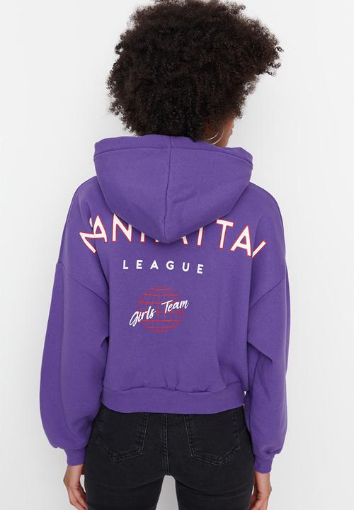 Trendyol - Back print hooded thick fleece sweatshirt - purple