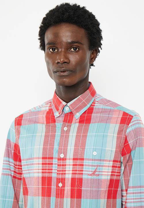 Nautica - Nautical true red check long sleeve woven shirt - petrol