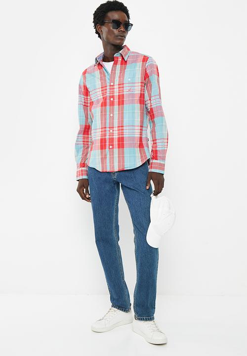 Nautica - Nautical true red check long sleeve woven shirt - petrol