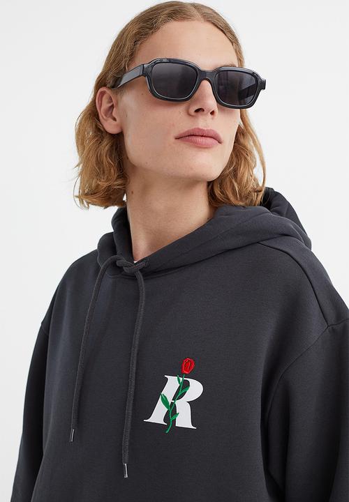 H&M - Relaxed fit printed hoodie - dark grey/rose