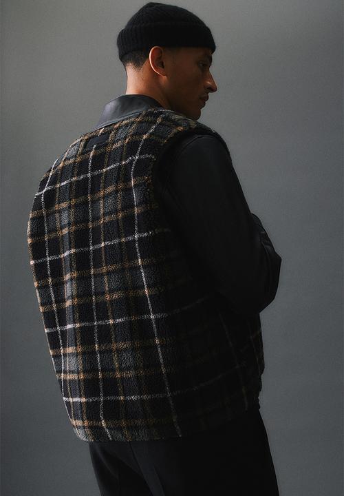 H&M - Teddy cargo gilet - dark grey/checked