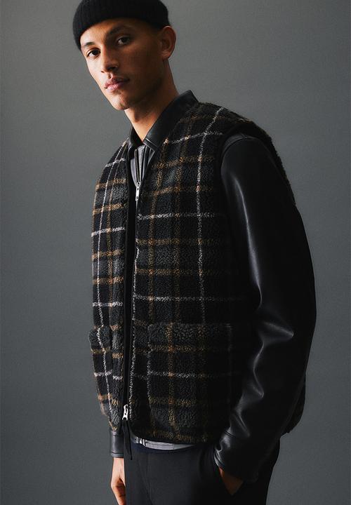 H&M - Teddy cargo gilet - dark grey/checked