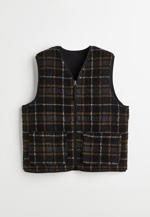 H&M - Teddy cargo gilet - dark grey/checked