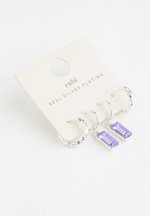 Rubi - Premium ear stack silver plated - silver plated violet baguette