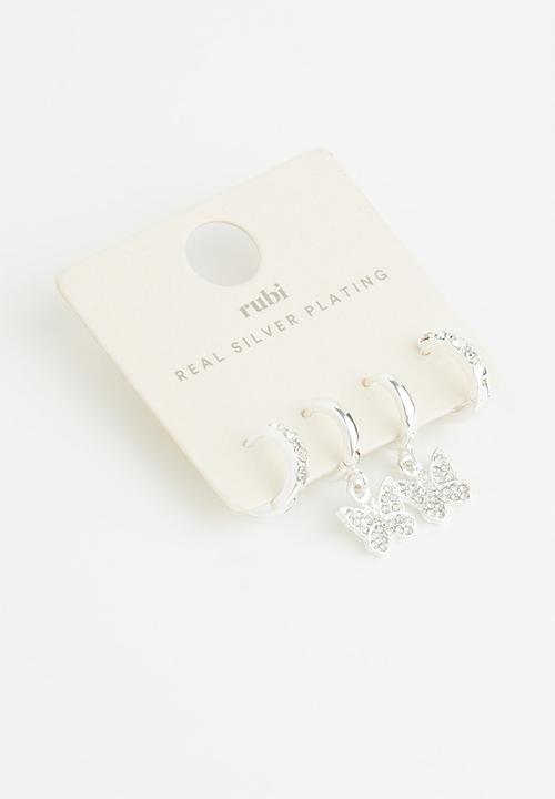 Rubi - Premium ear stack silver - silver plated diamante butterfly