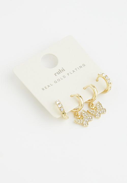 Rubi - Premium ear stack gold plated - gold plated diamante butterfly