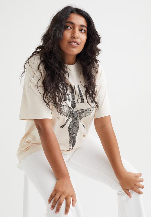 H&M - Oversized printed T-shirt - light beige/nirvana