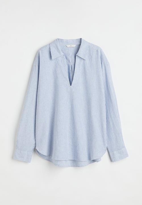 H&M - Popover linen-blend shirt - light blue/white striped