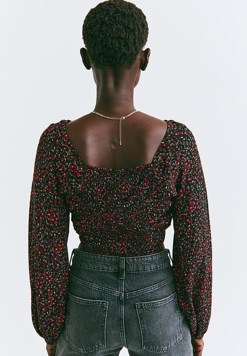 H&M - Drawstring-front crêpe blouse - black/small flowers