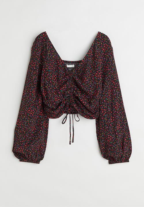 H&M - Drawstring-front crêpe blouse - black/small flowers