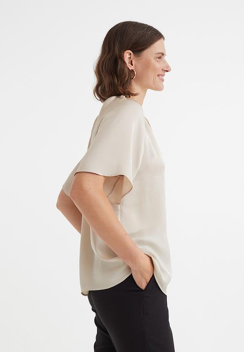 H&M - Short-sleeved tie-detail blouse - light beige