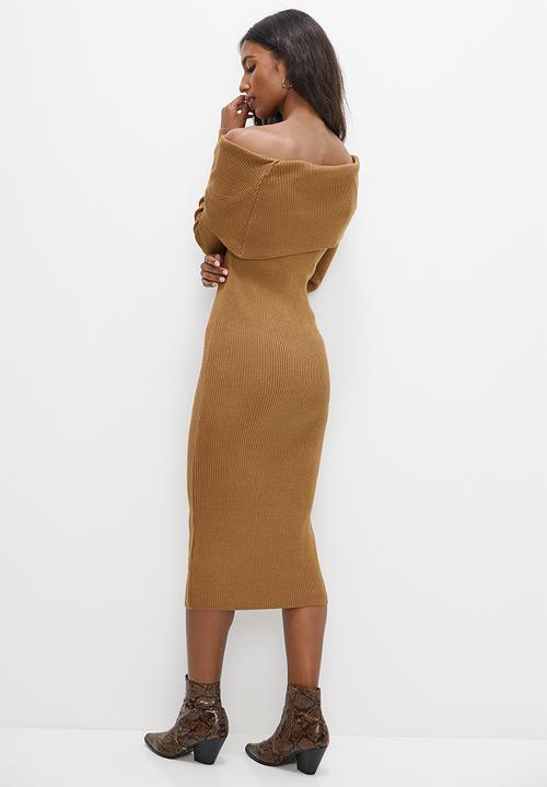 edit - Rollover bardot knitwear dress - tobacco