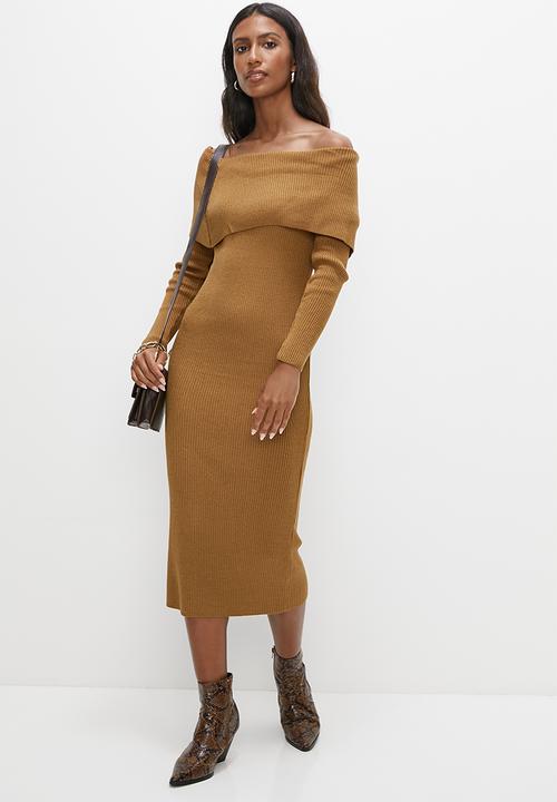 edit - Rollover bardot knitwear dress - tobacco