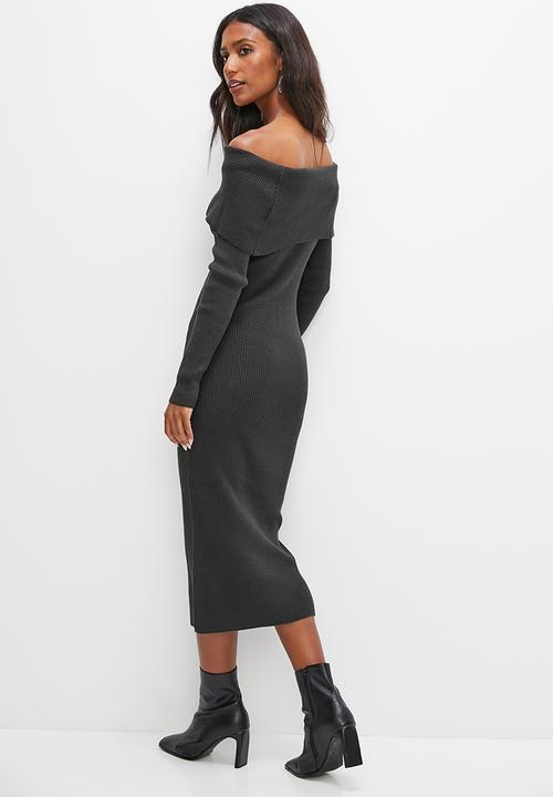 edit - Rollover bardot knitwear dress - charcoal grey