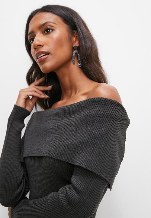 edit - Rollover bardot knitwear dress - charcoal grey