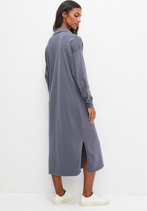 edit - Collared knitwear midi dress - slate grey