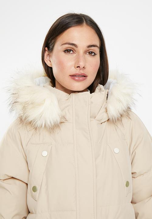dailyfriday - Faux fur hood puffer - stone 