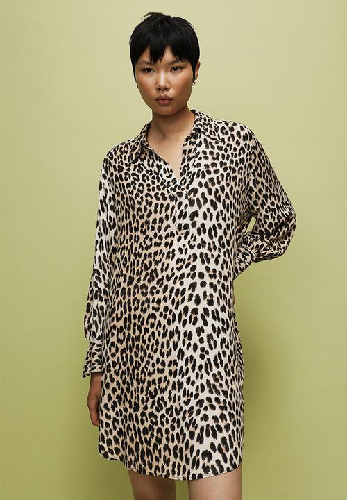 H&M - Balloon-sleeved shirt dress - beige/leopard print