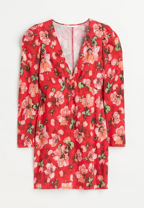 H&M - Patterned puff-sleeved dress - red/floral