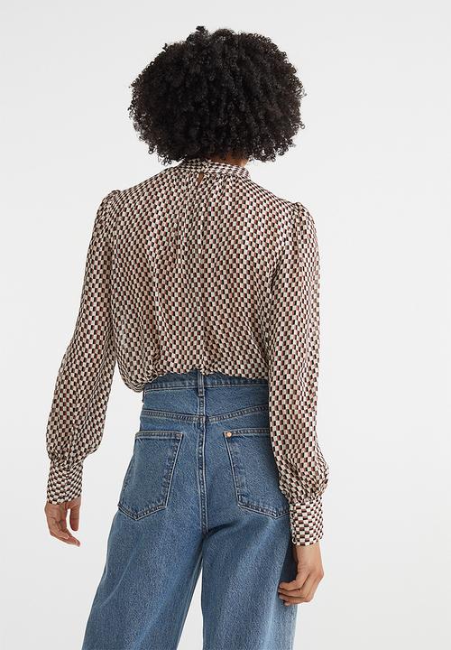 H&M - Stand-up collar satin blouse - natural white/checked