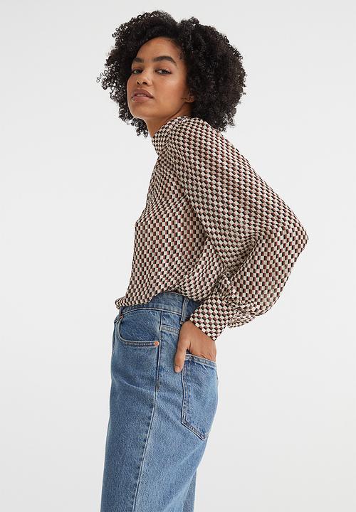 H&M - Stand-up collar satin blouse - natural white/checked