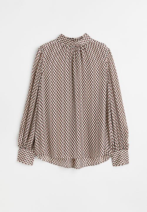 H&M - Stand-up collar satin blouse - natural white/checked