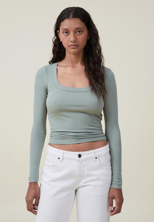 Cotton On - Staple rib long sleeve top - tinted sage