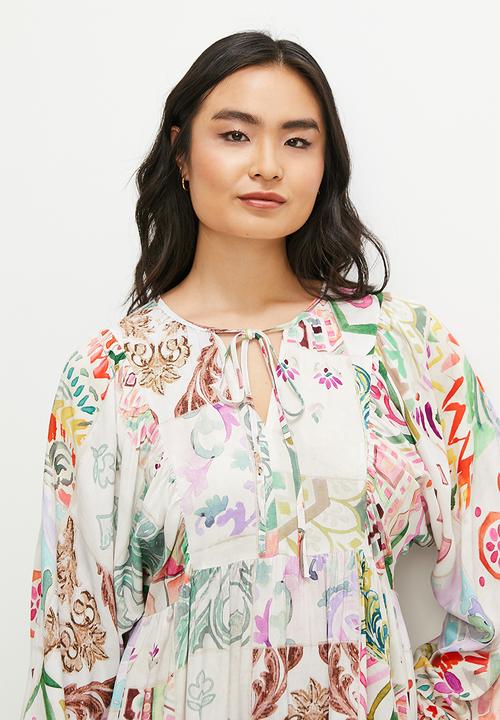 edit - Tiered dress with front ties - patchwork border print