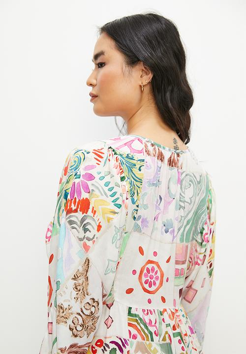 edit - Tiered dress with front ties - patchwork border print