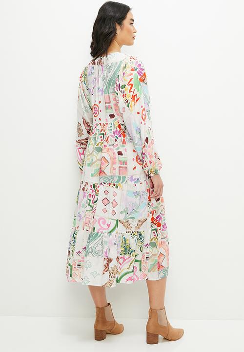 edit - Tiered dress with front ties - patchwork border print