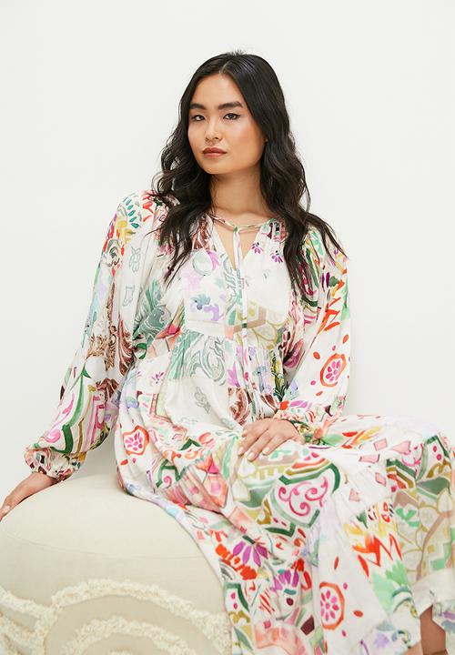 edit - Tiered dress with front ties - patchwork border print