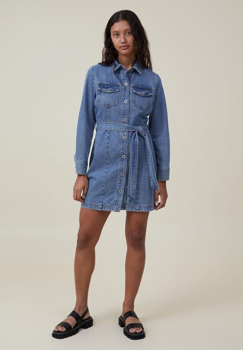 Cotton On - Long sleeve denim mini dress - offshore blue