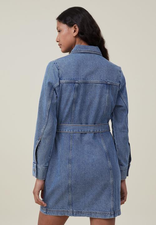 Cotton On - Long sleeve denim mini dress - offshore blue