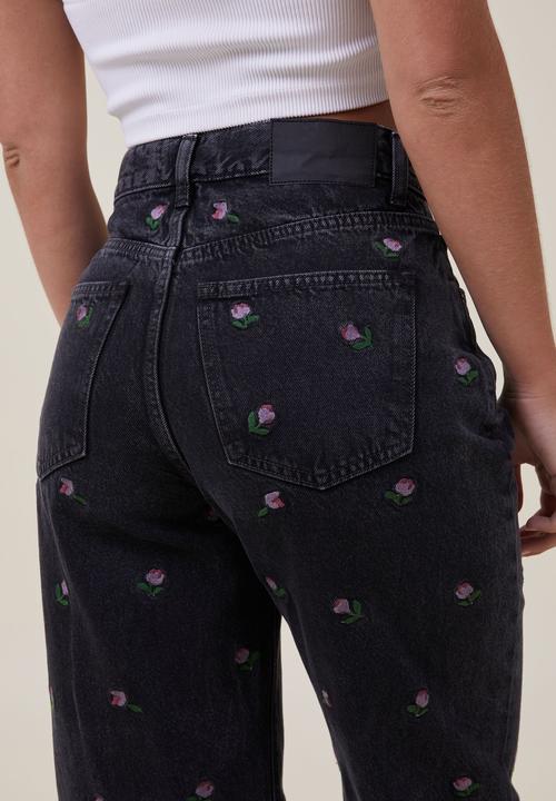 Cotton On - Loose straight jean - graphite black floral embroidery