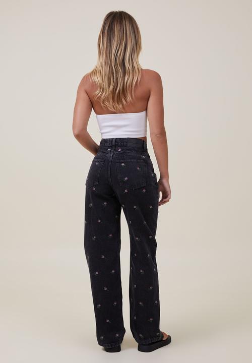 Cotton On - Loose straight jean - graphite black floral embroidery