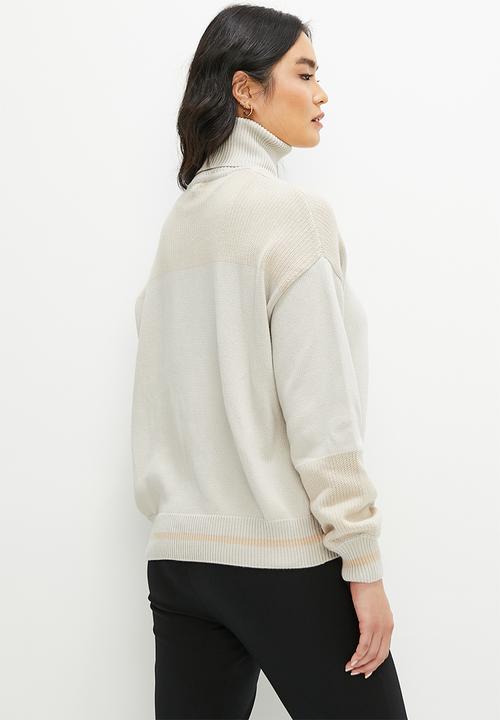 edit - Two tone rib mix high neck jumper - stone