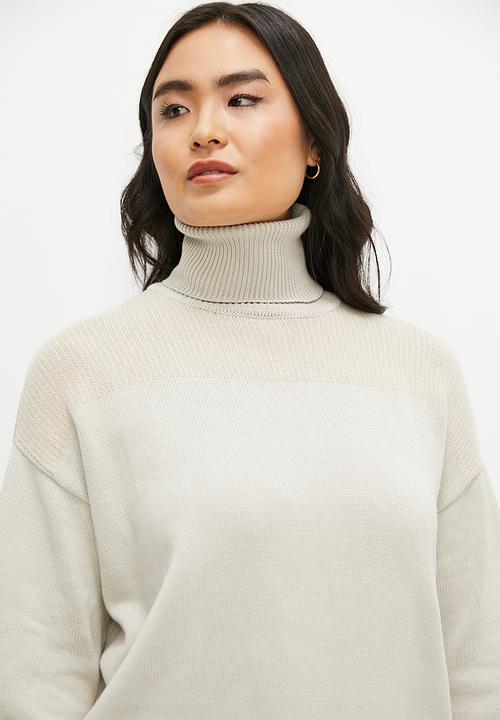 edit - Two tone rib mix high neck jumper - stone