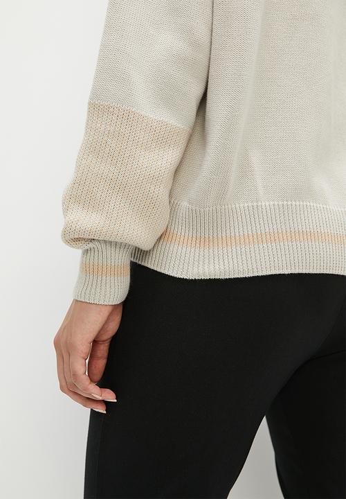 edit - Two tone rib mix high neck jumper - stone