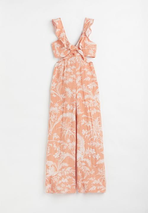H&M - Cut-out flounce-trimmed jumpsuit - apricot/patterned