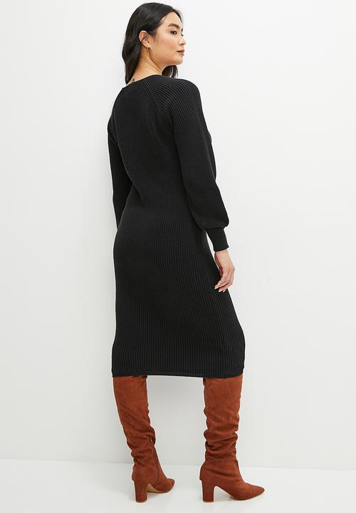 edit - Vneck dolman ribbed dress - black