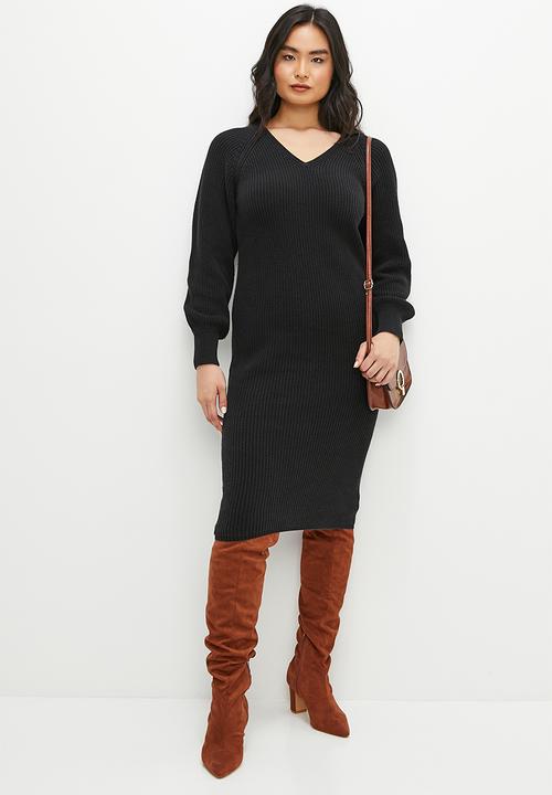 edit - Vneck dolman ribbed dress - black