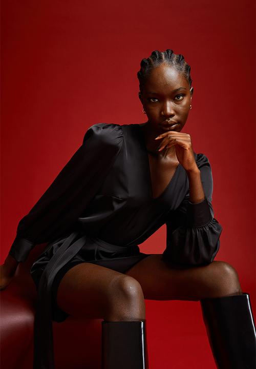 H&M - Balloon-sleeved satin dress - black