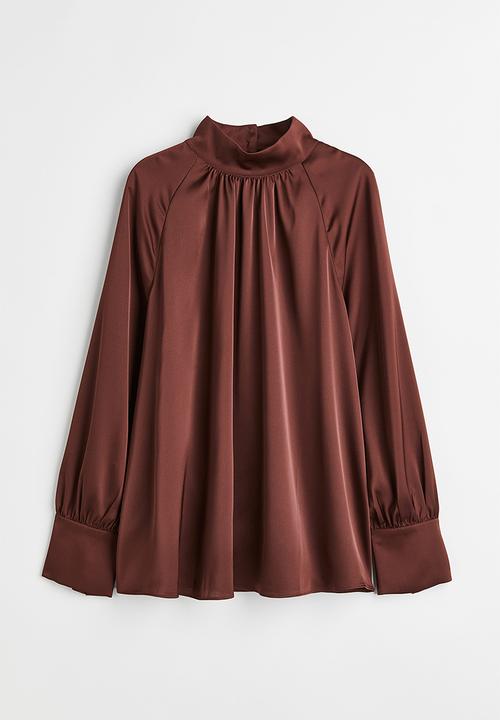 H&M - Balloon-sleeved satin blouse - dark brown