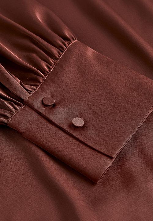 H&M - Balloon-sleeved satin blouse - dark brown