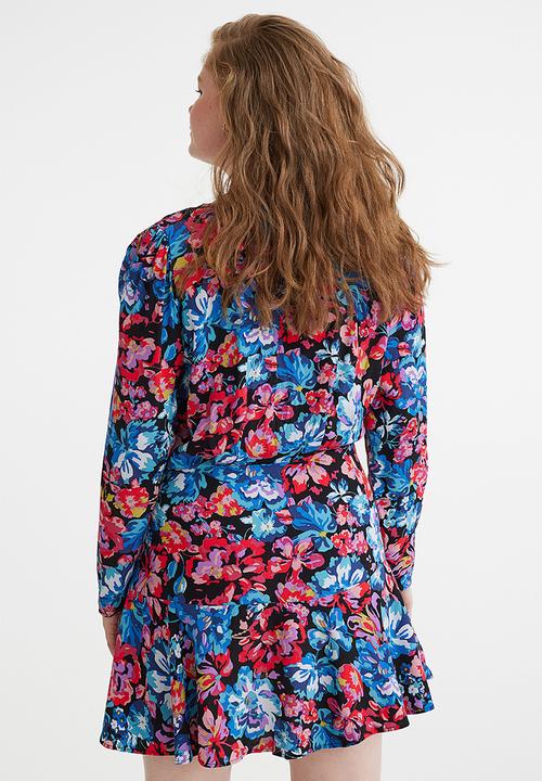 H&M - Short wrapover dress - black/floral