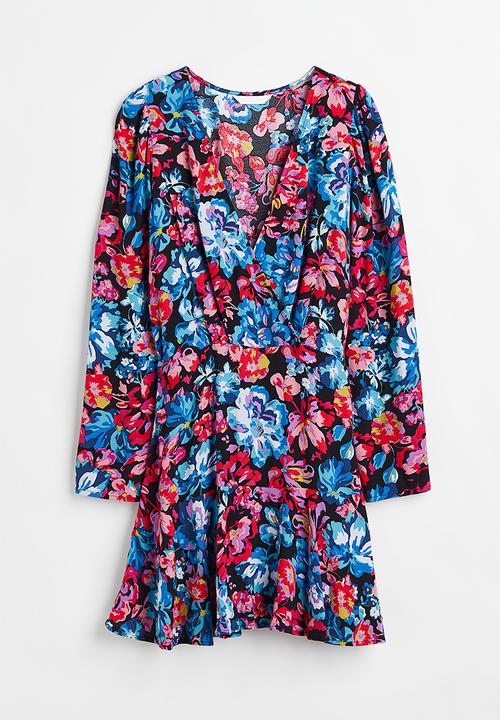 H&M - Short wrapover dress - black/floral